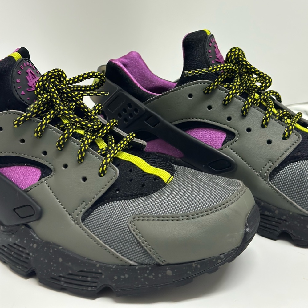 Grey and Black Nike Air Huaraches with lime green and purple accent